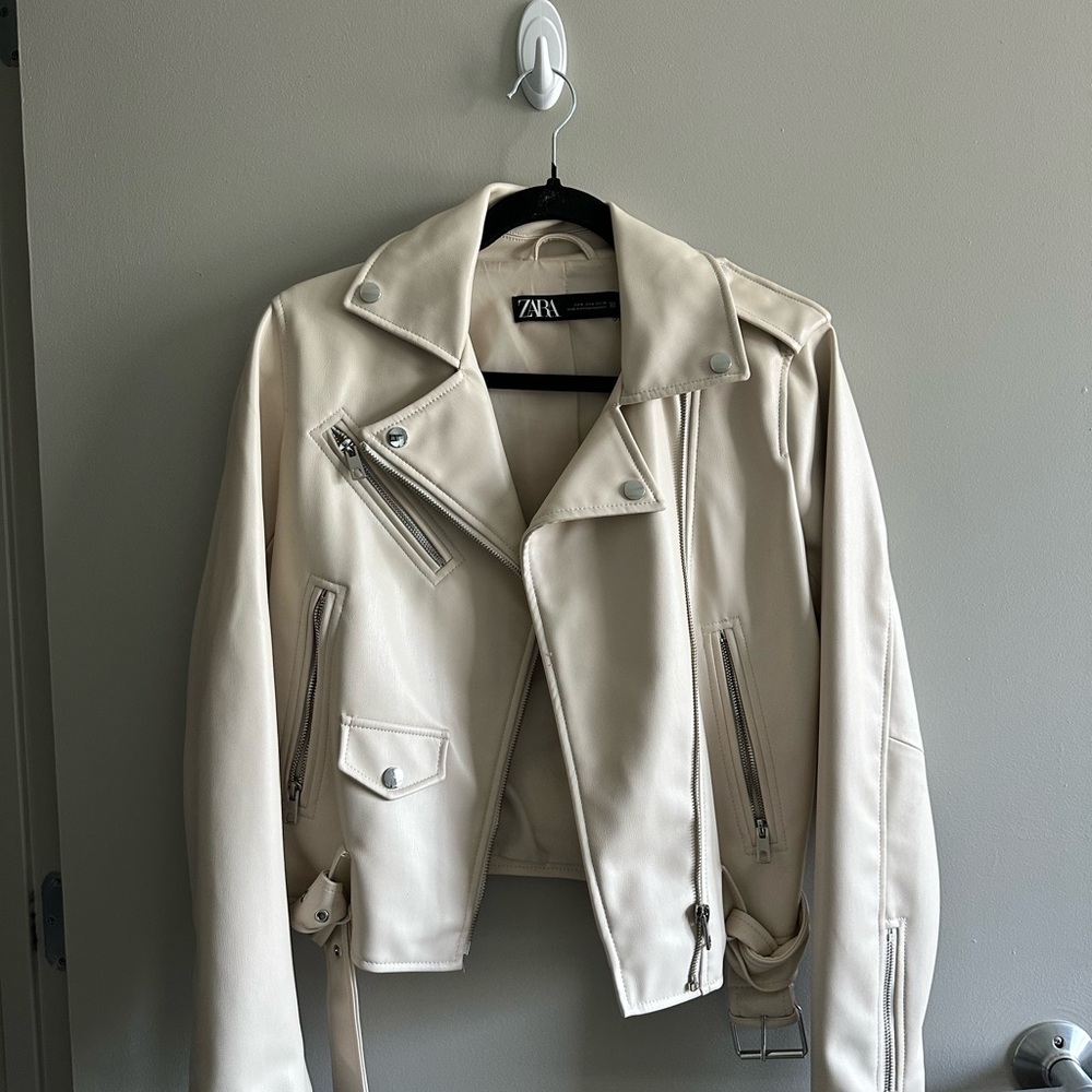 Zara Off-White Leather Biker Jacket